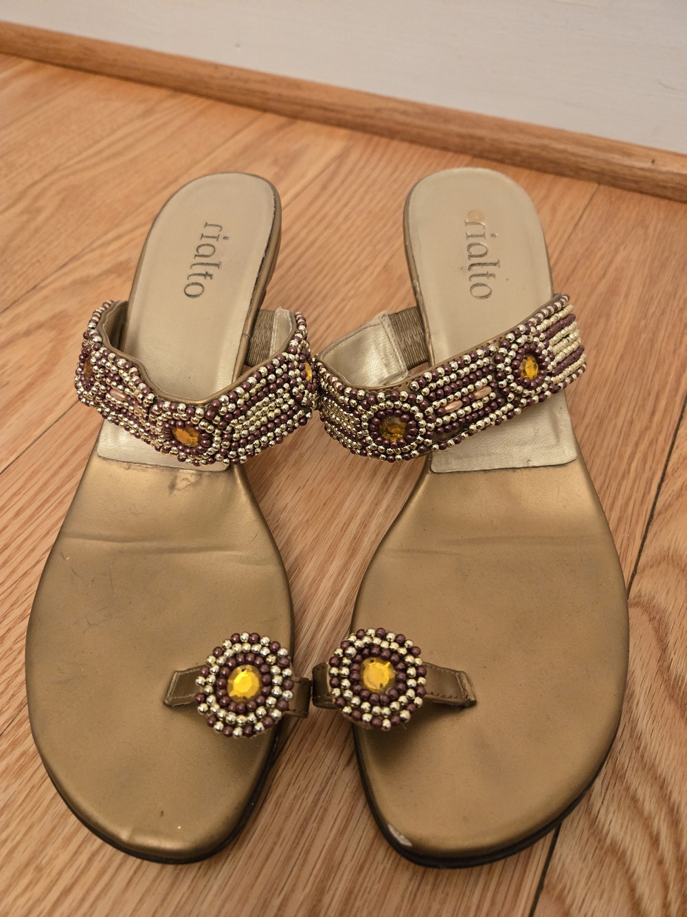 Rialto Gold Beaded Toe-Ring Slide Sandals with Amber Gems
